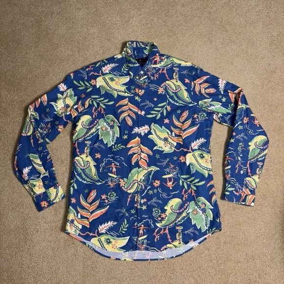 Ralph Lauren Polo Oxford Button Down Shirt Blue Floral Hawaiian Tropical Size M - Picture 2 of 7